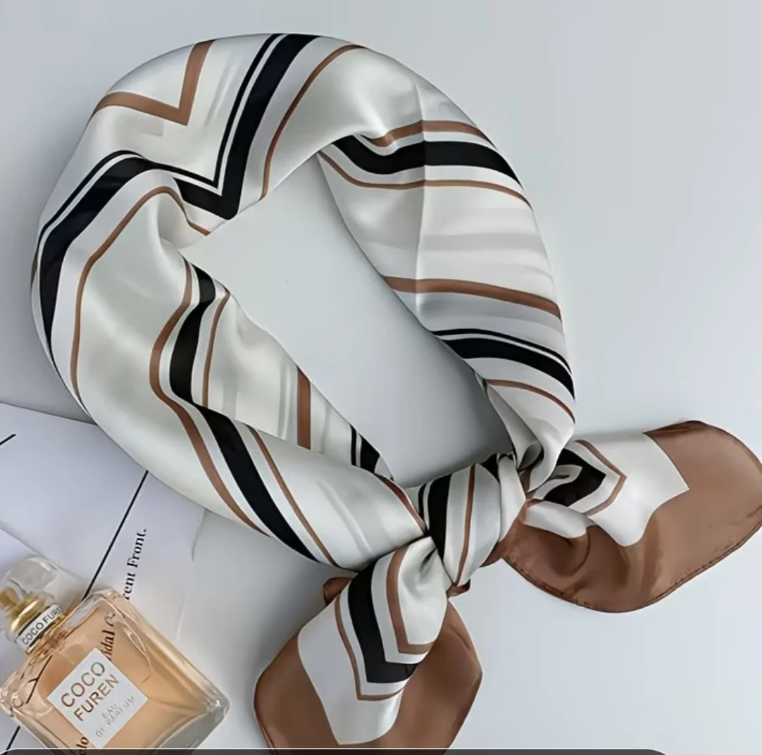 Apaszka duża satynowa ok 70x70 pasy brąz beż 